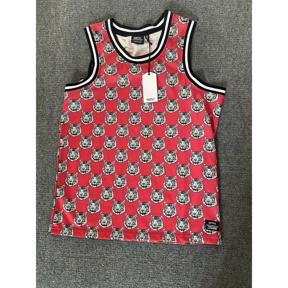 WeSC NWT Mens Basketball Tank Tiger Face Red Mesh Jersey XL XXL